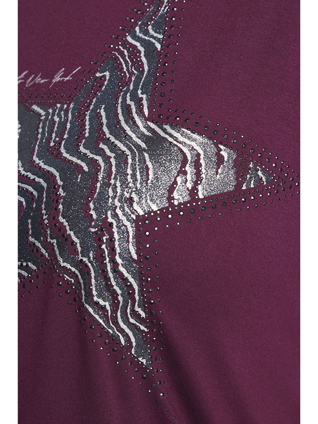 Mor Büyük Beden Bisiklet Yaka Kısa Kollu Parlak Baskılı Taşlı T-shirt 322960-5