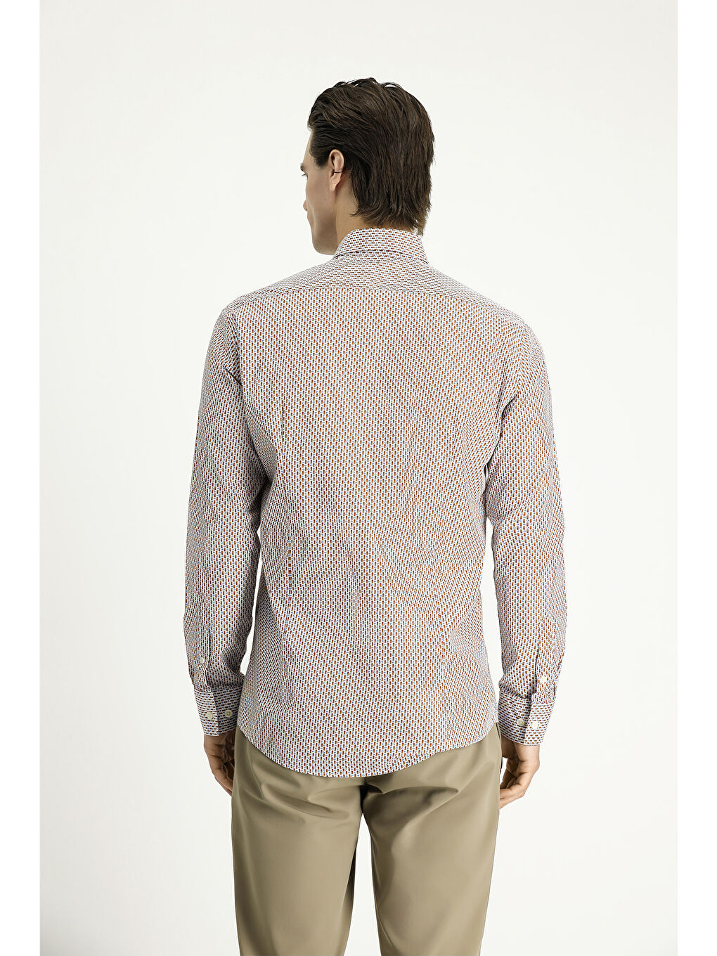 Kahverengi Uzun Kol Slim Fit Dar Kesim Baskılı Pamuk Düğmeli Yaka Gömlek-3