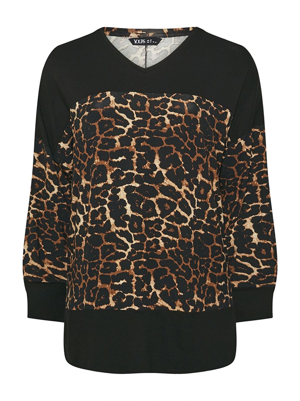 Siyah Büyük Beden V Yaka Uzun Kollu Leopar Desenli T-shirt 303784-5