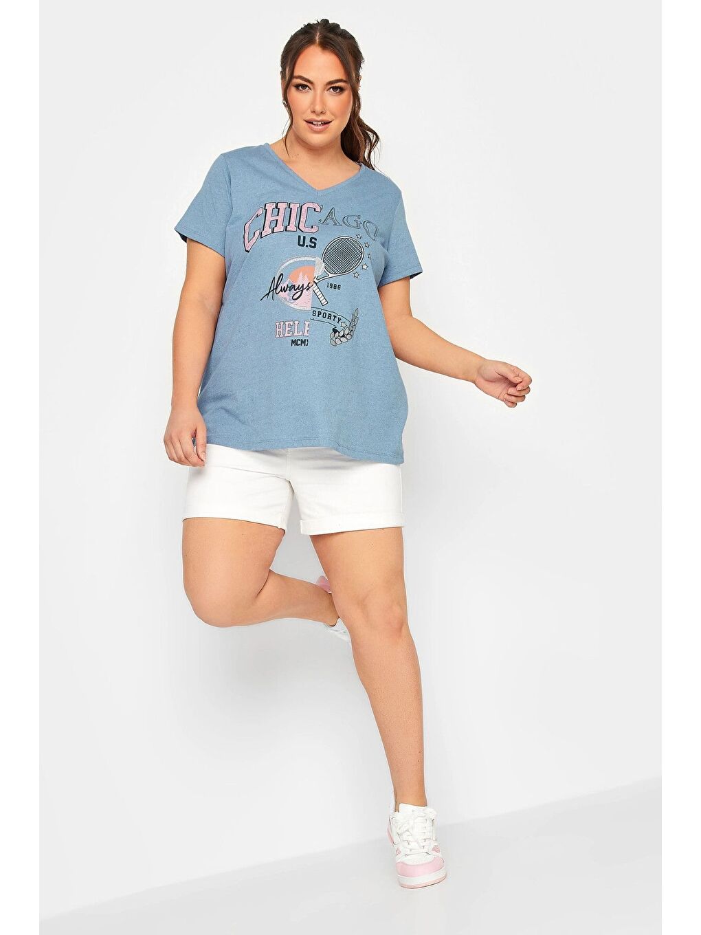 Mavi Büyük Beden Yazı Baskılı Yarım Kollu V Yaka T-shirt 302199-1