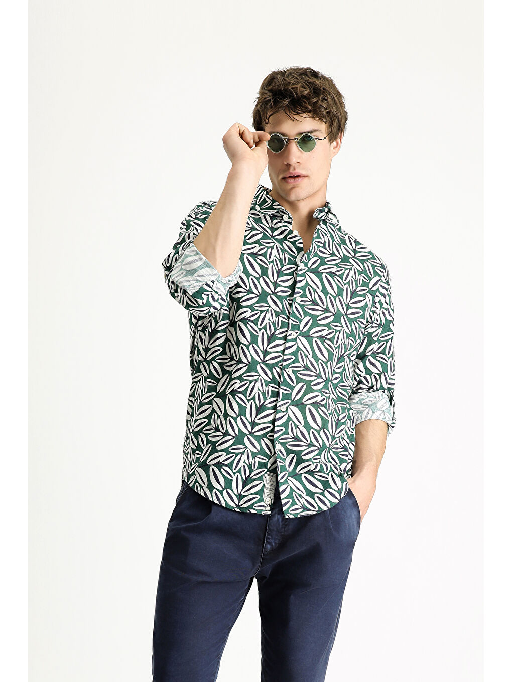 Yeşil Uzun Kol Oversize Baskılı Keten Karışımlı Pamuklu Gömlek-1