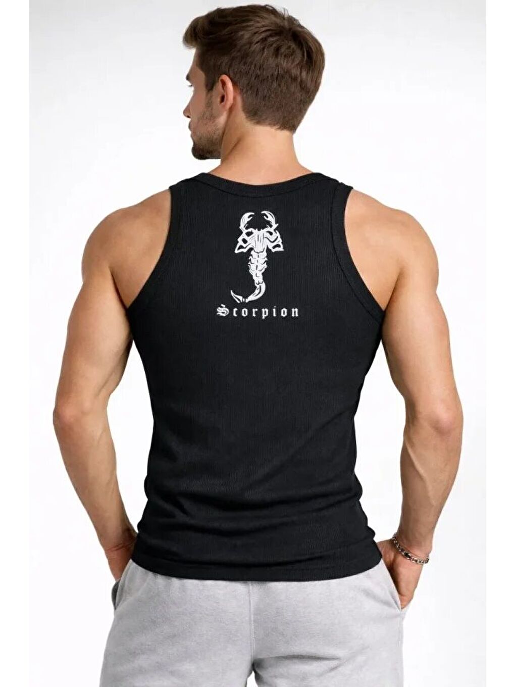 Erkek Spor Fitilli Atlet 2li Set Siyah Ve Beyaz Slim Fit Kaşkorse Arka Baskılı Spor Atlet-2