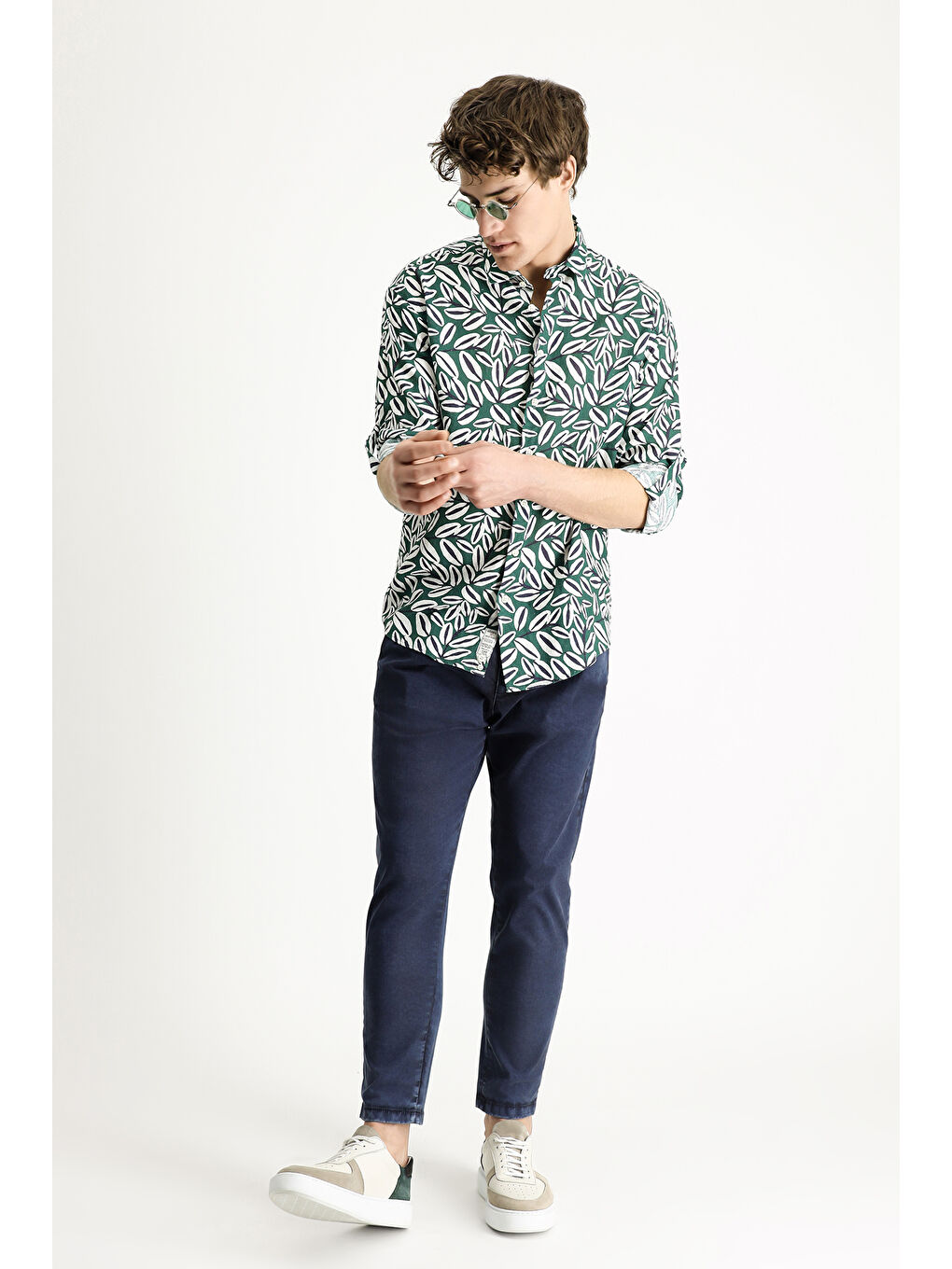 Yeşil Uzun Kol Oversize Baskılı Keten Karışımlı Pamuklu Gömlek-2