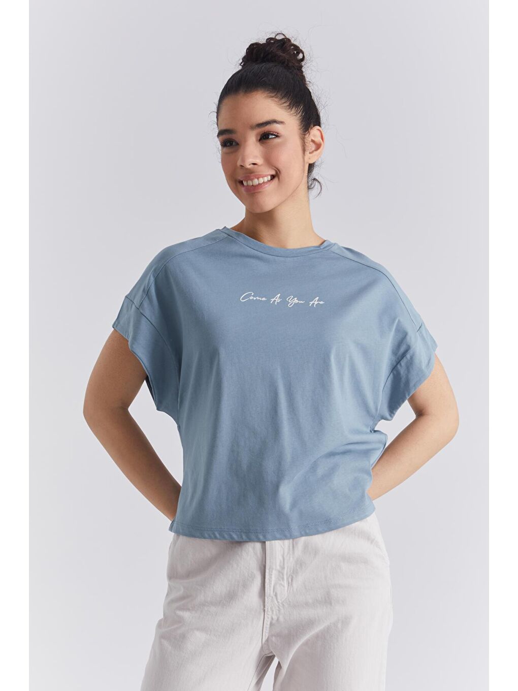 TOMMYLIFE Koyu Mint Yeşili Mint Yeşili Minimal Yazı Baskılı O Yaka Oversize Kadın T-Shirt  - 97219 - 2