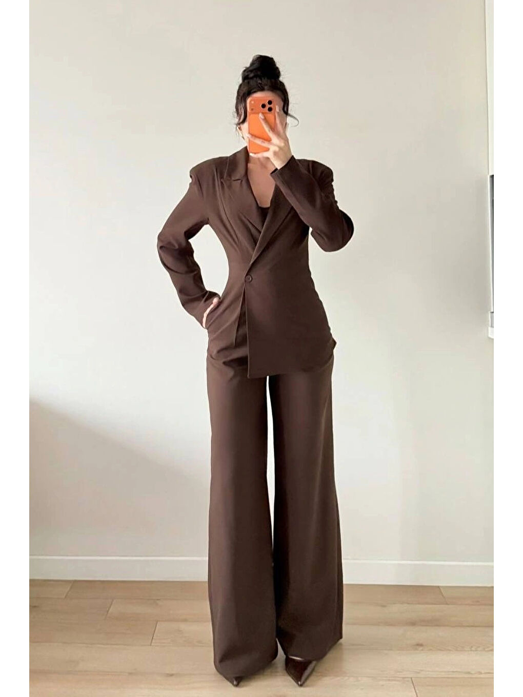 Kahverengi Kadın Kahve Takım Görünümlü Ceketli Tulum 1041-2735