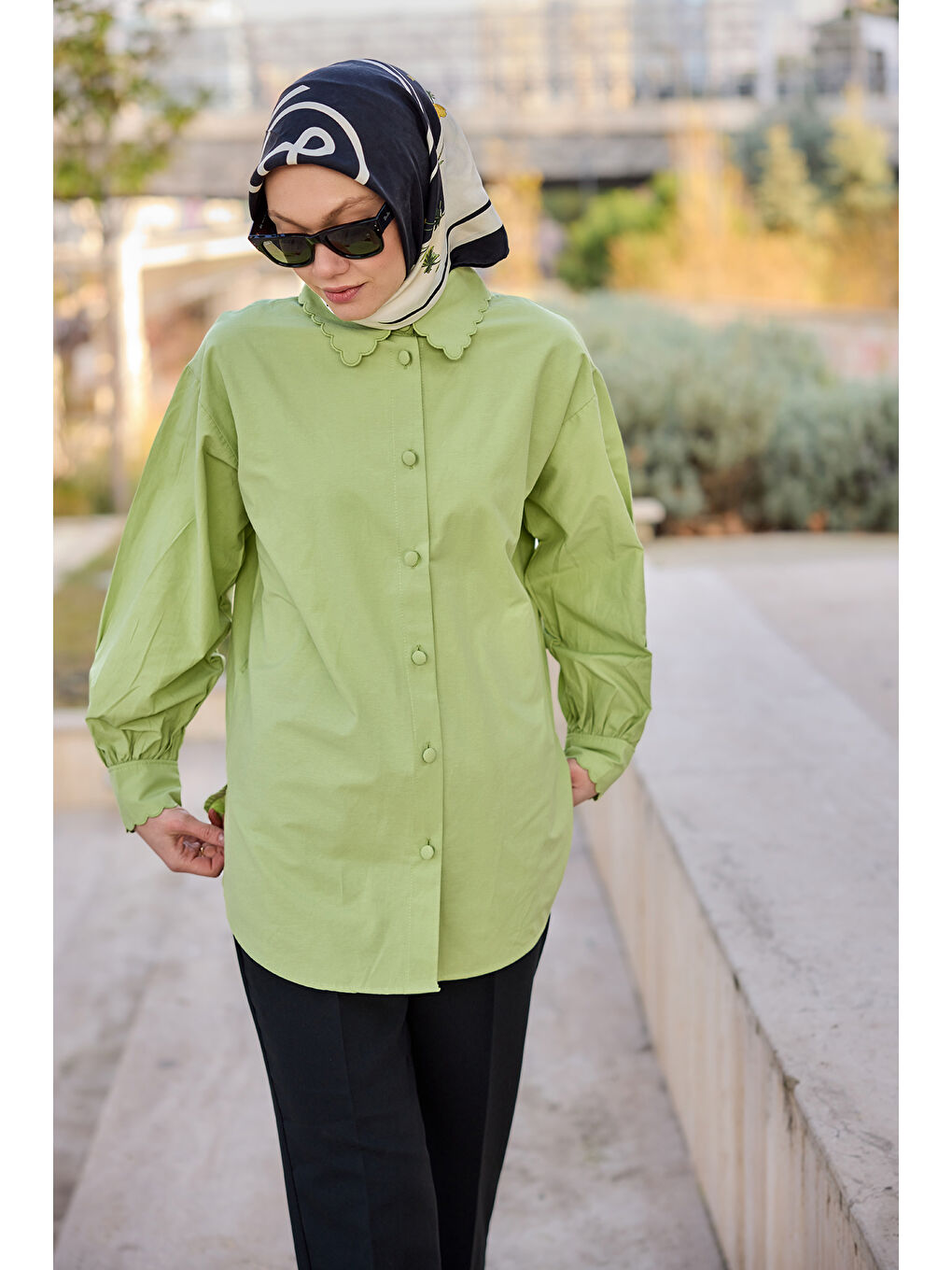 Kol ve Yaka Detaylı Gömlek Tunik Yeşil-1