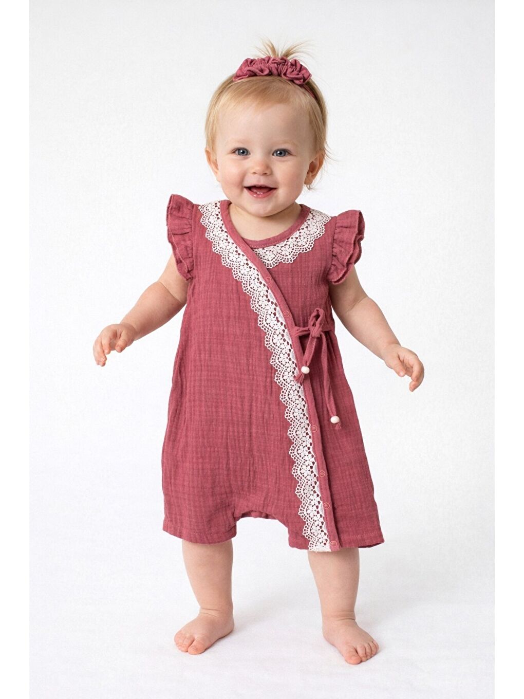 Pembe Kız Bebek Müslin Tulum Elbise Dantel Detaylı Yazlık Pamuk Bebek Tulum