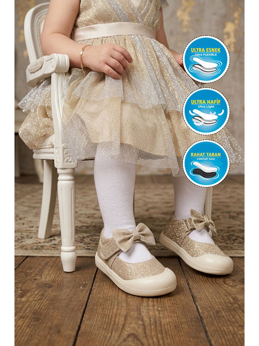 Sarı Altın Cırtlı Hafif Fiyonk Detaylı Anatomik Bebek Ayakkabı Darla İA-2