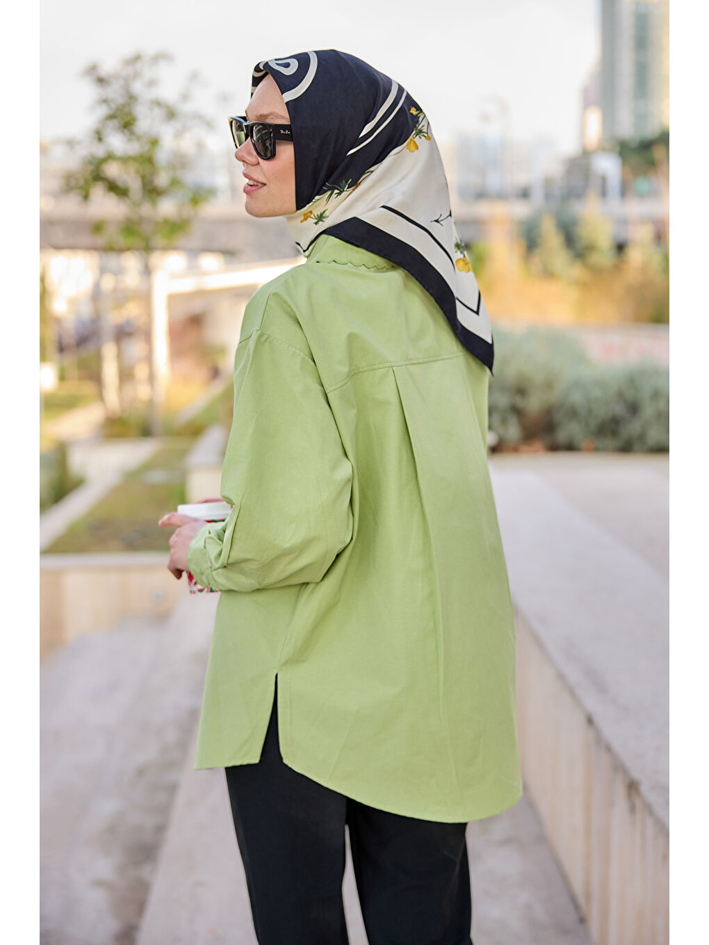 Kol ve Yaka Detaylı Gömlek Tunik Yeşil-3