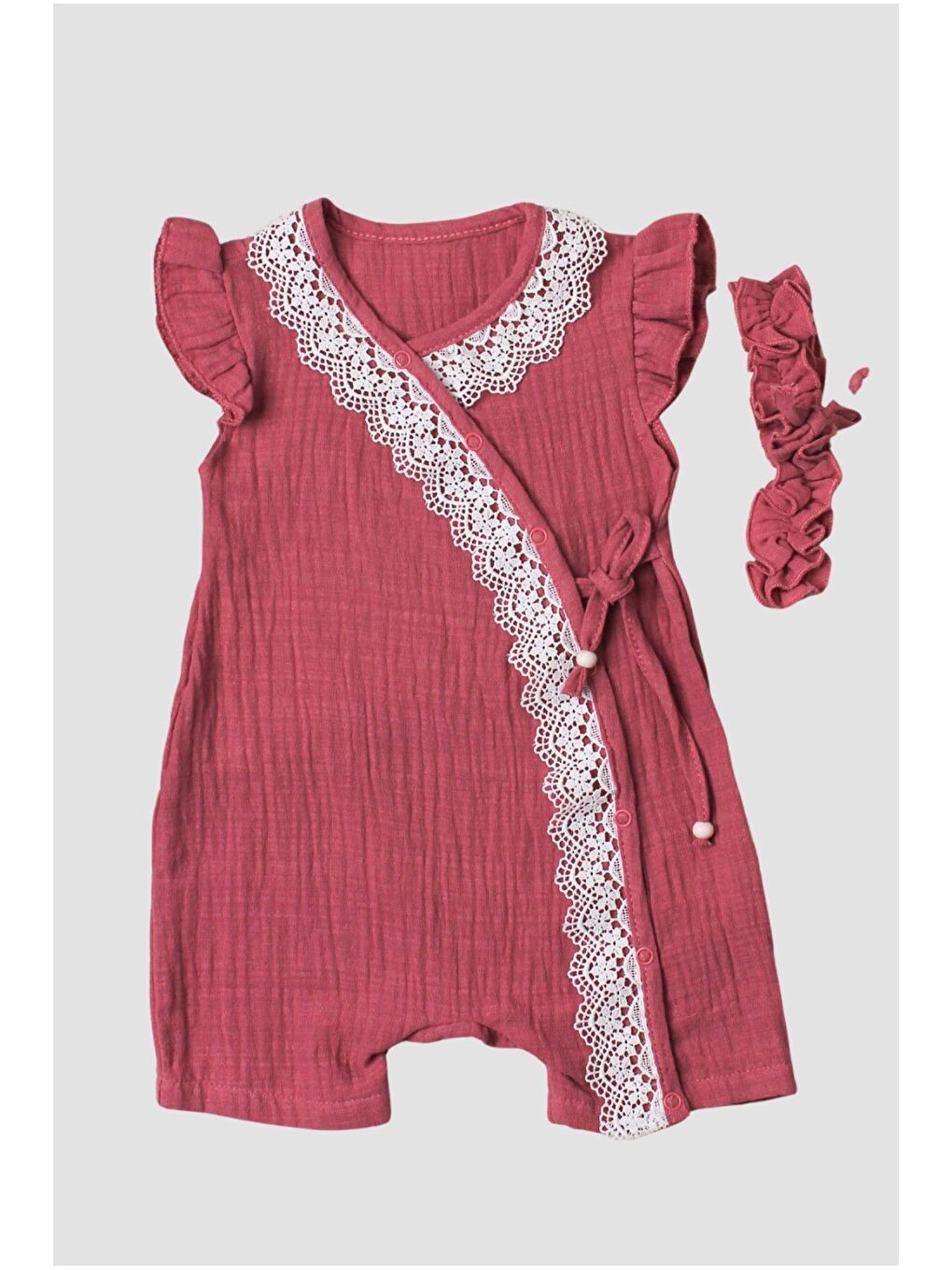 Pembe Kız Bebek Müslin Tulum Elbise Dantel Detaylı Yazlık Pamuk Bebek Tulum-1