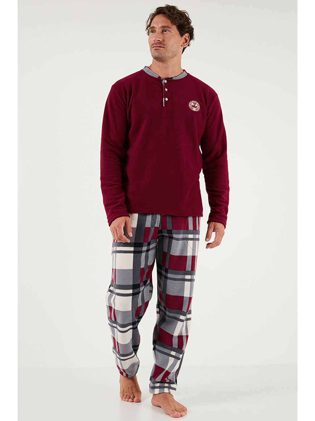 Bordo Ekoseli Regular Fit Düğmeli Bisiklet Yaka Kışlık Polar Erkek Pijama Takımı 60961008-1