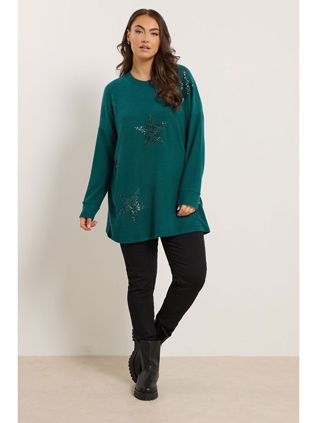 Yeşil Büyük Beden Bisiklet Yaka Uzun Kollu Payetli Pelüş Tunik 285061