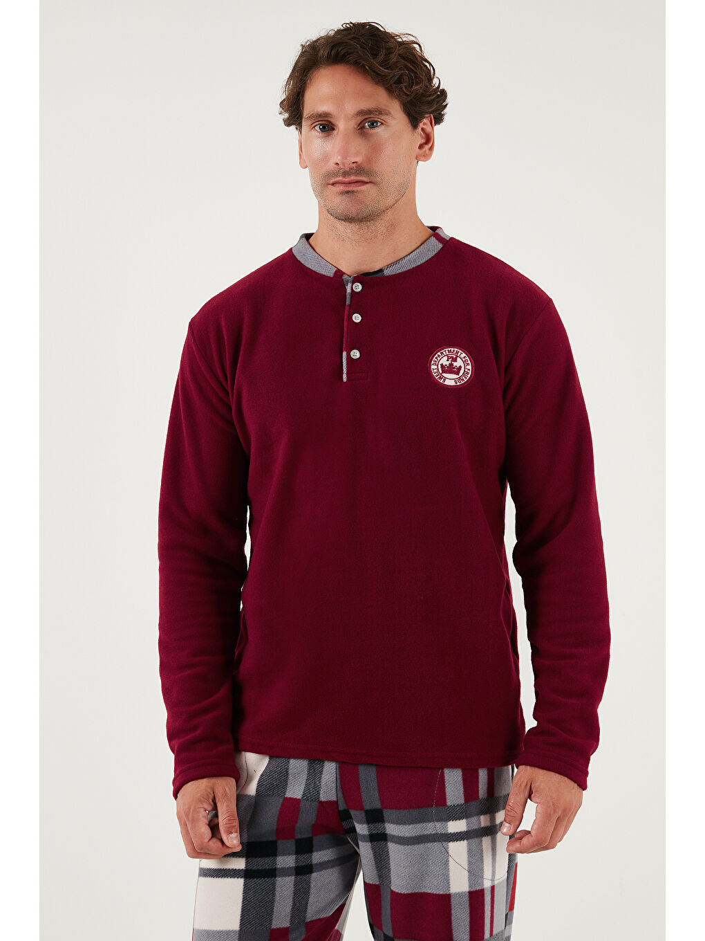 Bordo Ekoseli Regular Fit Düğmeli Bisiklet Yaka Kışlık Polar Erkek Pijama Takımı 60961008-2