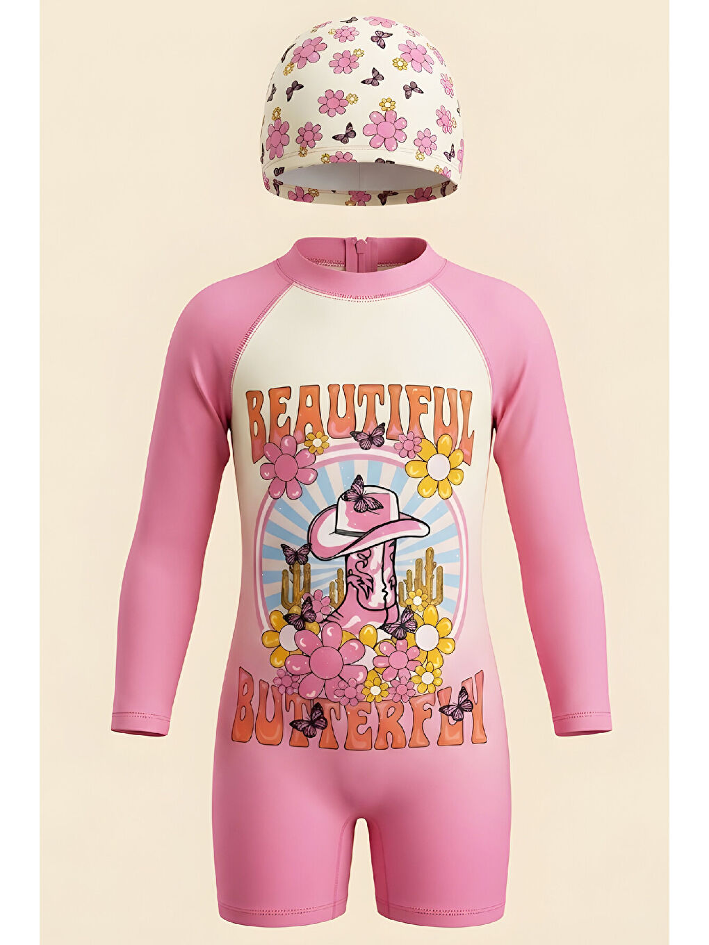 Lila Kız Çocuk Mayo Takımı-Uzun Kollu Yüzücü Mayo ve Bone 3-12 Yaş 12635N-1