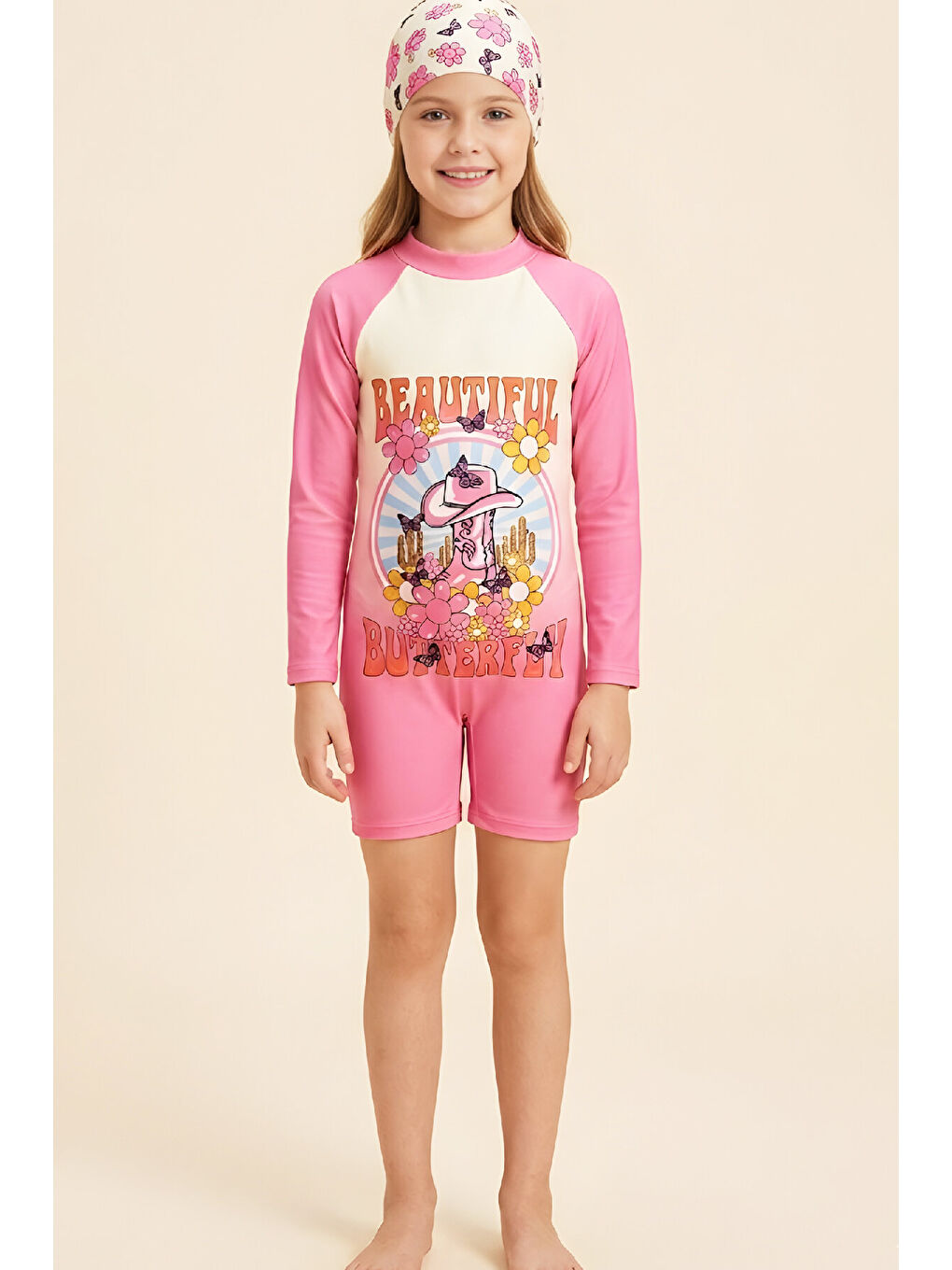 Lila Kız Çocuk Mayo Takımı-Uzun Kollu Yüzücü Mayo ve Bone 3-12 Yaş 12635N-2