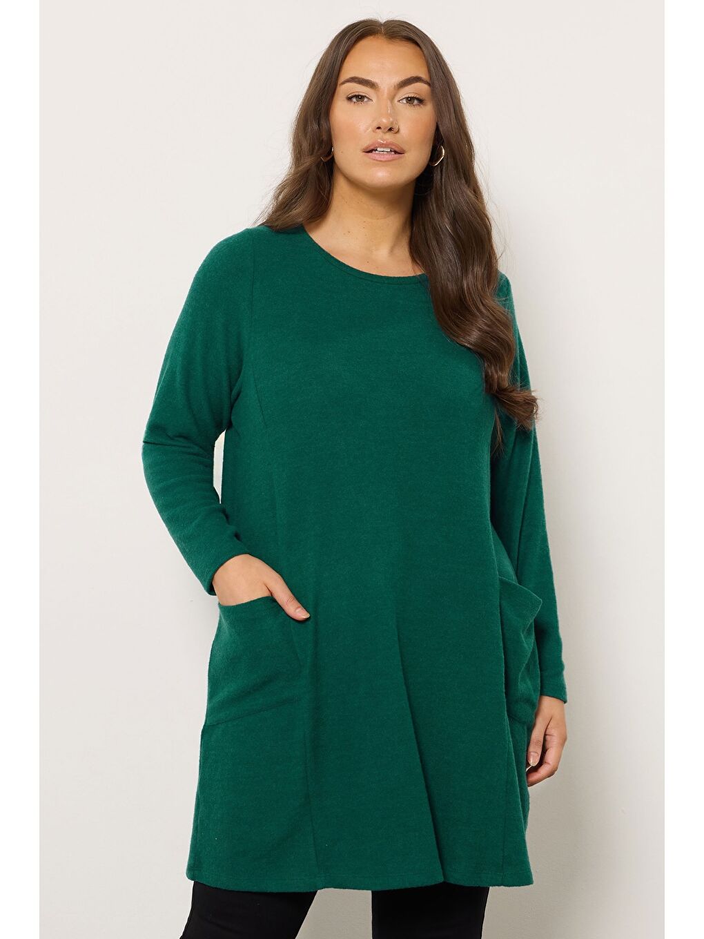 Yeşil Büyük Beden Bisiklet Yaka Uzun Kollu Cepli Pelüş Tunik 616455-1