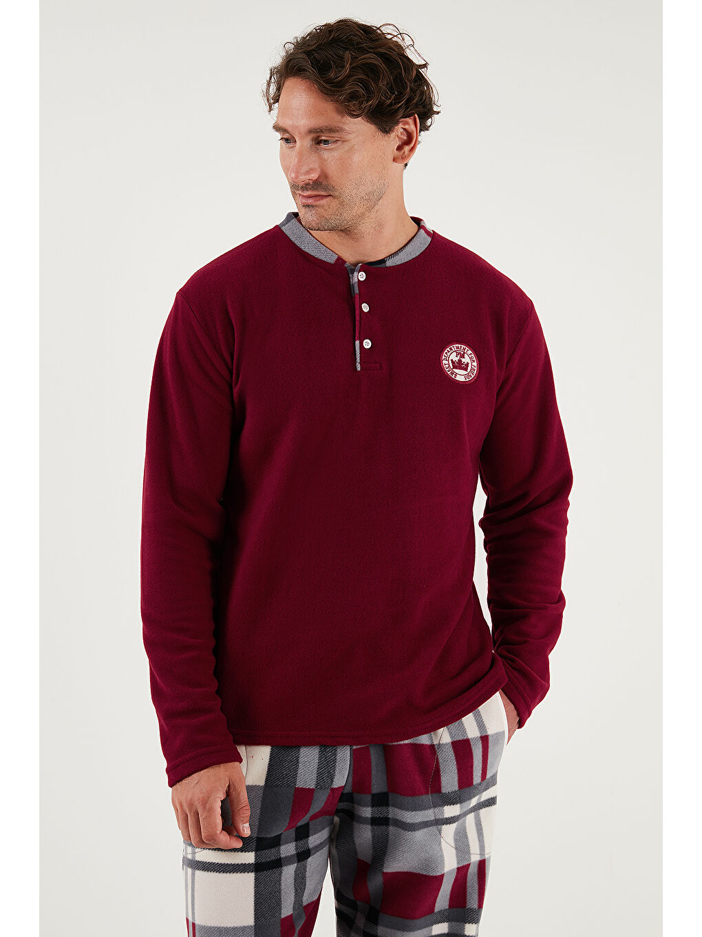 Bordo Ekoseli Regular Fit Düğmeli Bisiklet Yaka Kışlık Polar Erkek Pijama Takımı 60961008-3
