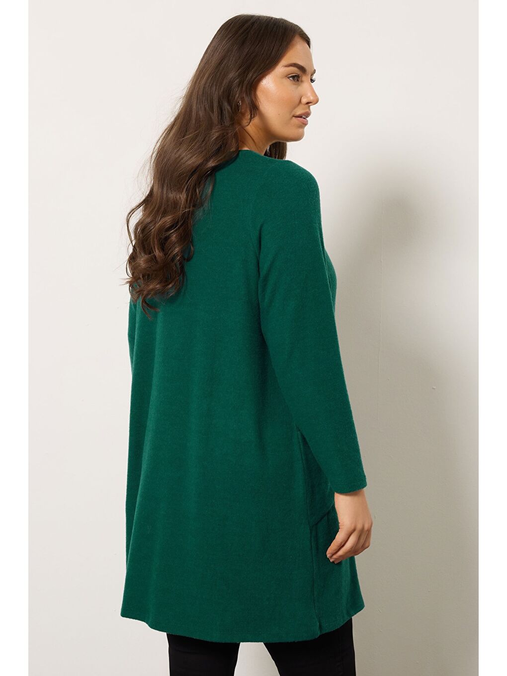 Yeşil Büyük Beden Bisiklet Yaka Uzun Kollu Cepli Pelüş Tunik 616455-4