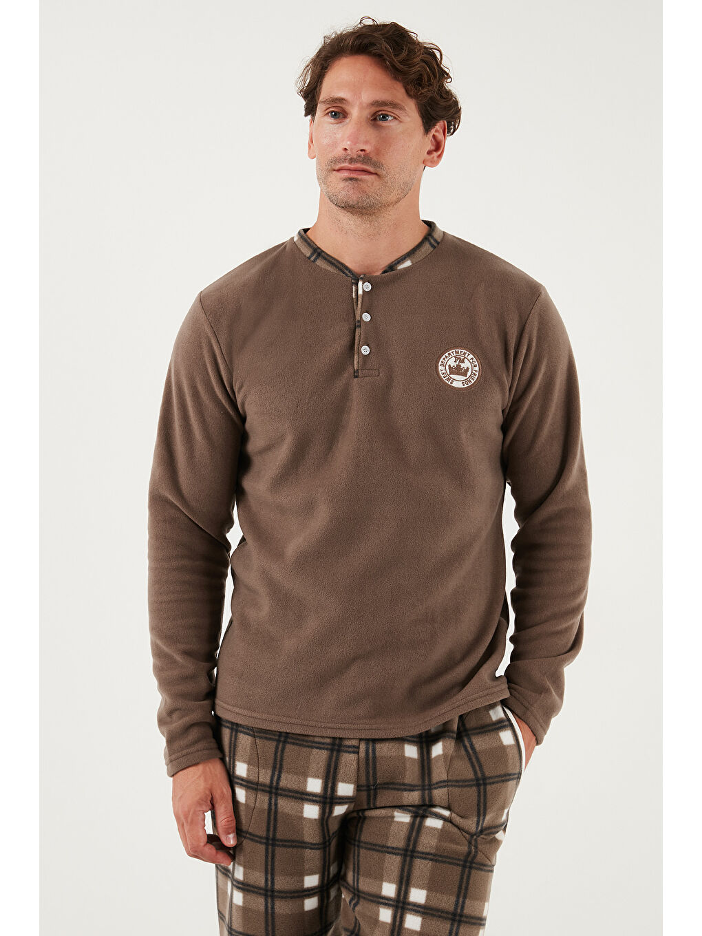 Kahverengi Ekose Regular Fit Bisiklet Yaka Kışlık Polar Erkek Pijama Takımı 609610013W4-2
