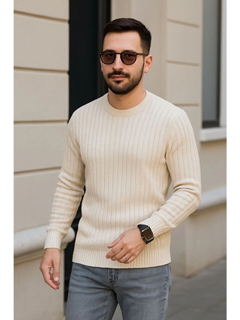 Bej Erkek Bisiklet Yuvarlak Yaka Triko Kazak