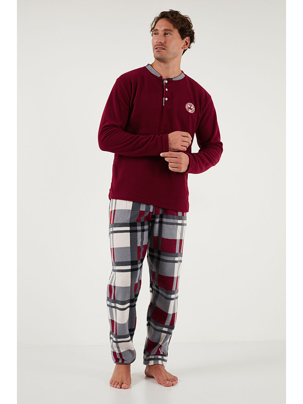 Bordo Ekoseli Regular Fit Düğmeli Bisiklet Yaka Kışlık Polar Erkek Pijama Takımı 60961008-4