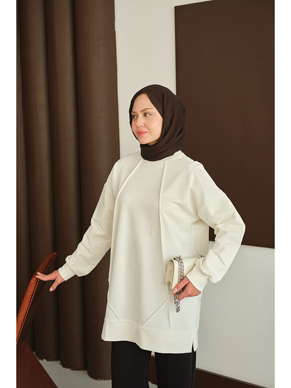 Kadın Önü Dikiş Detay Tunik Beyaz-2