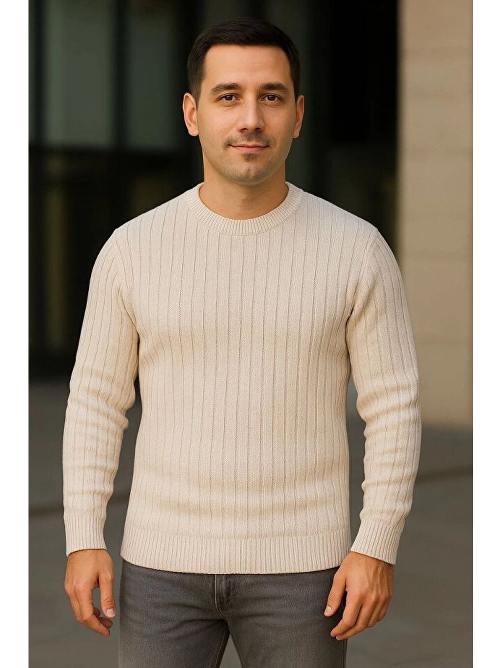 Bej Erkek Bisiklet Yuvarlak Yaka Triko Kazak-1