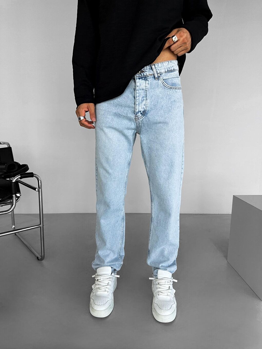 ablukaonline Erkek Baggy Fit Düz Kesim Jean Açık Mavi