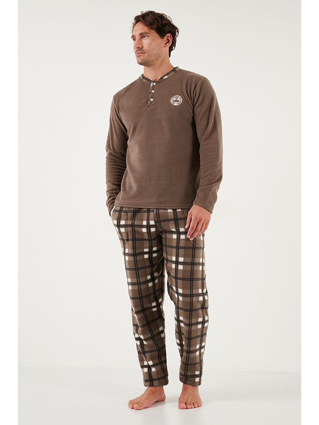 Kahverengi Ekose Regular Fit Bisiklet Yaka Kışlık Polar Erkek Pijama Takımı 609610013W4-3