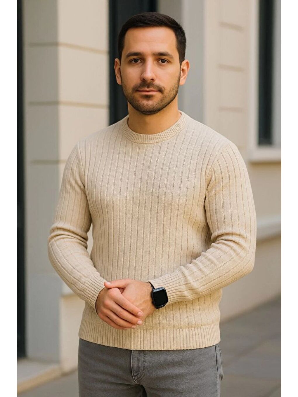 Bej Erkek Bisiklet Yuvarlak Yaka Triko Kazak-2