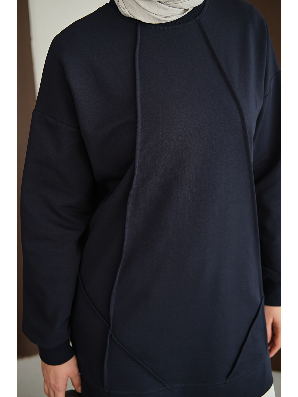 Kadın Önü Dikiş Detay Tunik Lacivert-3