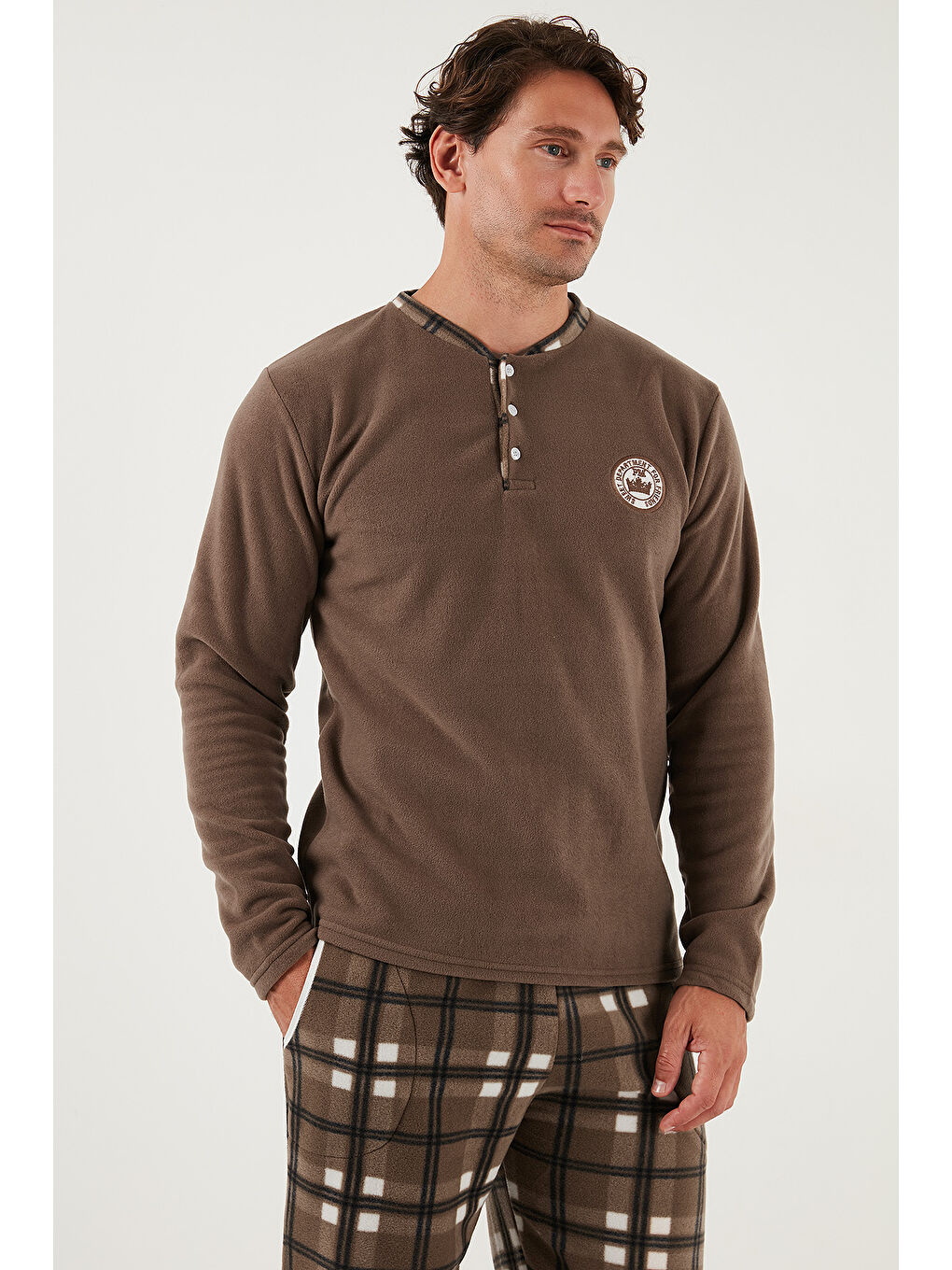 Kahverengi Ekose Regular Fit Bisiklet Yaka Kışlık Polar Erkek Pijama Takımı 609610013W4-4