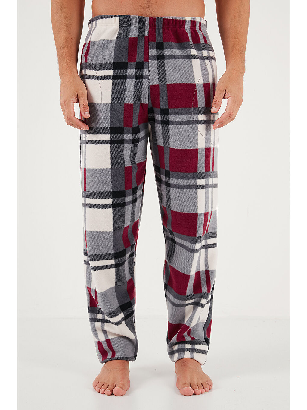 Bordo Ekoseli Regular Fit Düğmeli Bisiklet Yaka Kışlık Polar Erkek Pijama Takımı 60961008-5