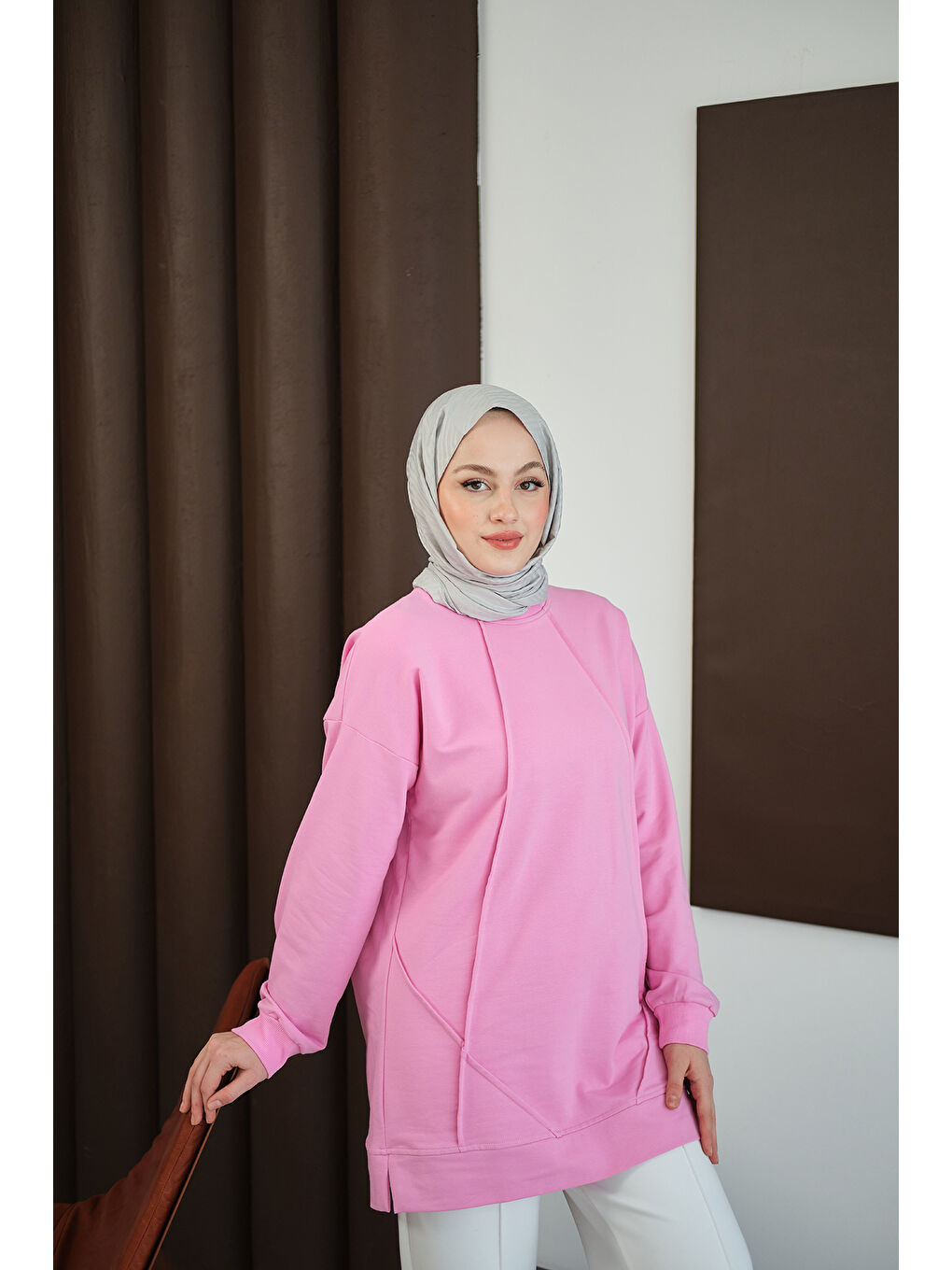 Kadın Önü Dikiş Detay Tunik Pembe-3