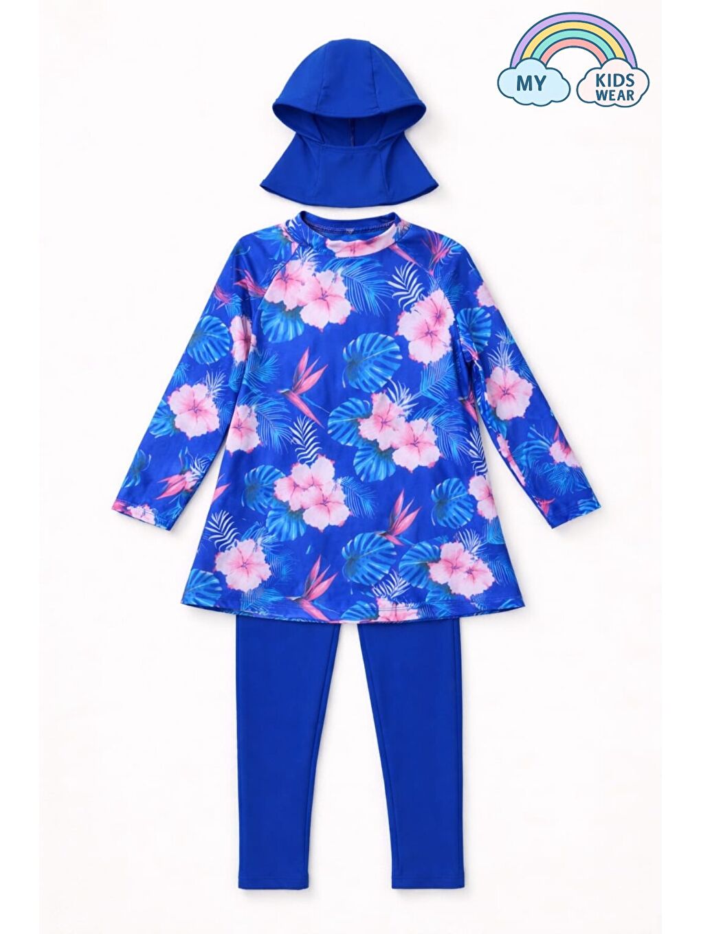 Mavi Kız Çocuk Mayo 3’lü Takım (Üst + Tayt + Bone) 12568