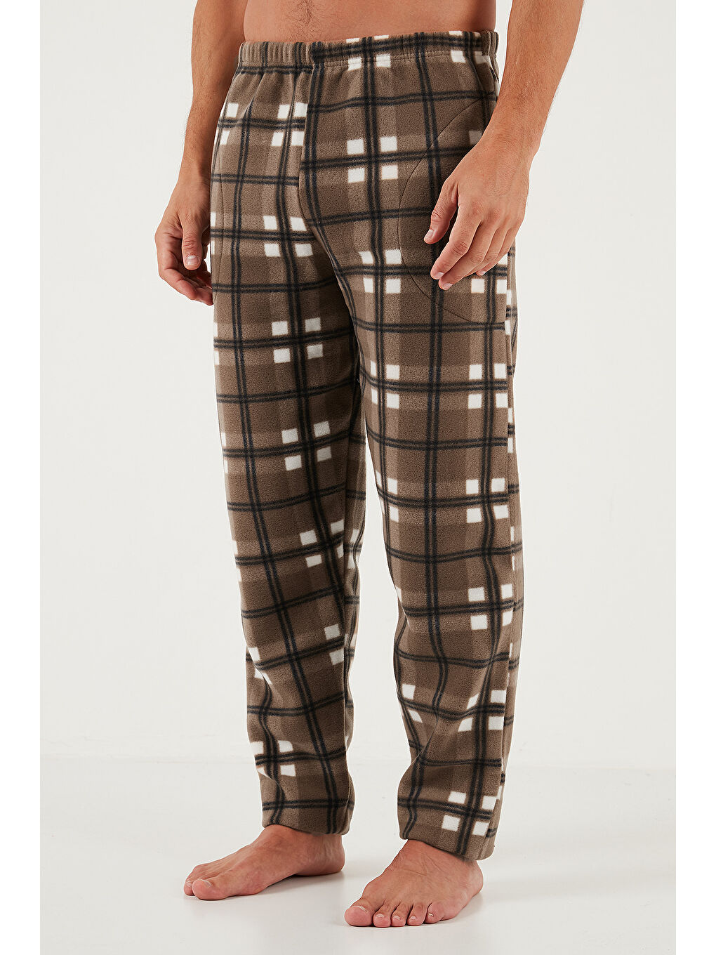 Kahverengi Ekose Regular Fit Bisiklet Yaka Kışlık Polar Erkek Pijama Takımı 609610013W4-5