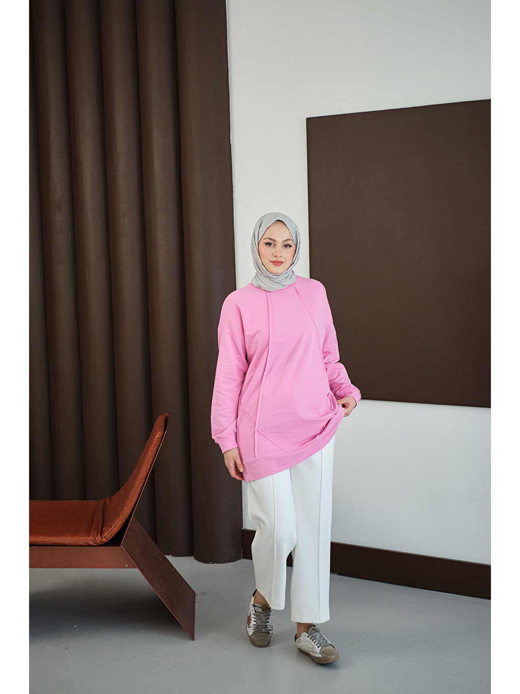 Kadın Önü Dikiş Detay Tunik Pembe-4