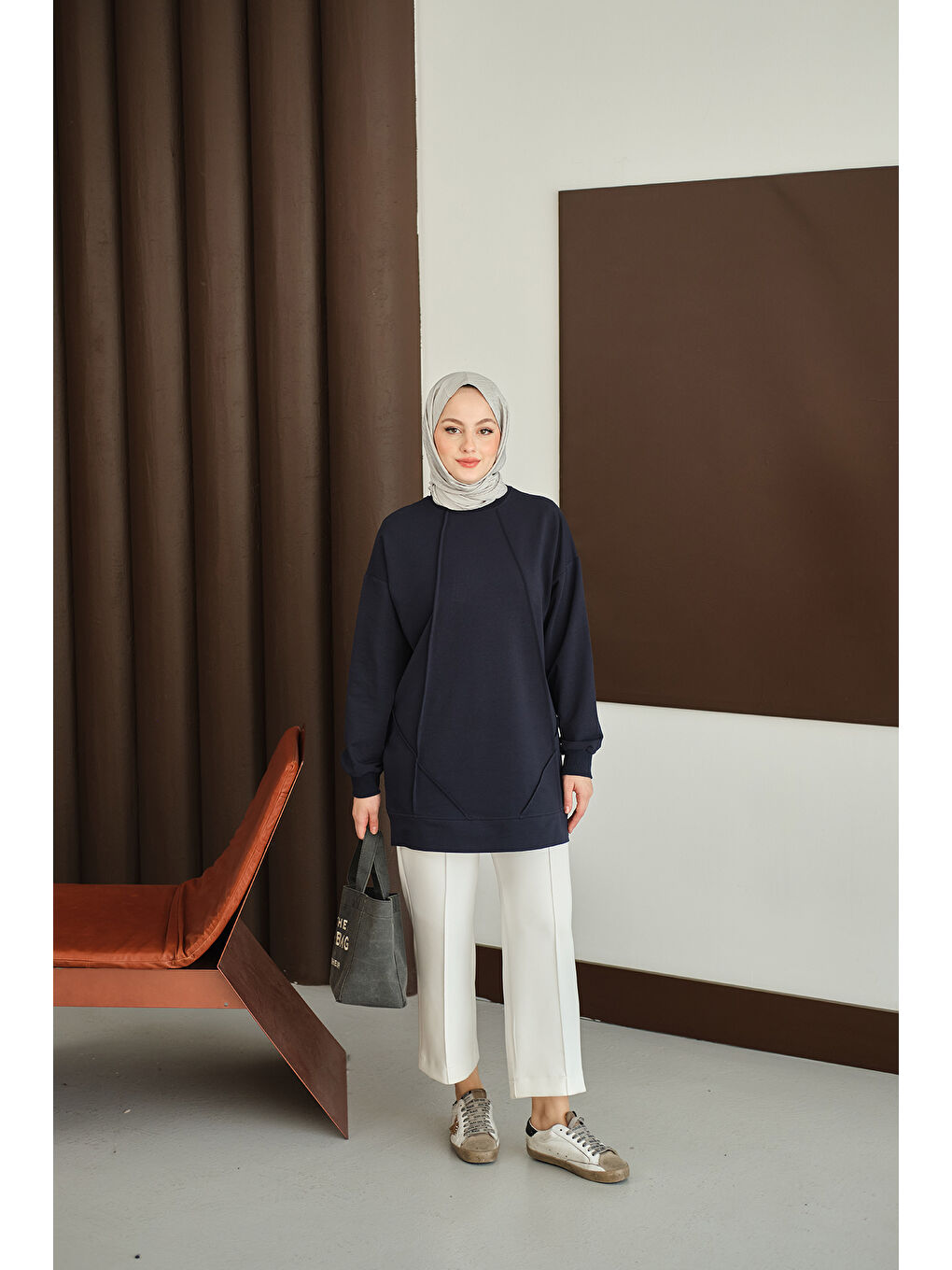 Kadın Önü Dikiş Detay Tunik Lacivert-4