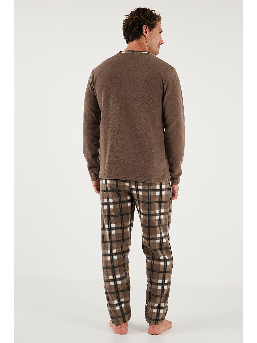 Kahverengi Ekose Regular Fit Bisiklet Yaka Kışlık Polar Erkek Pijama Takımı 609610013W4-6