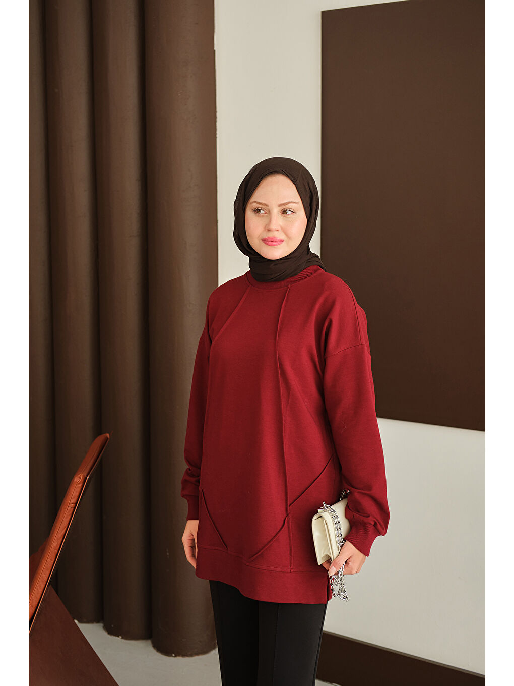 Kadın Önü Dikiş Detay Tunik Bordo-1