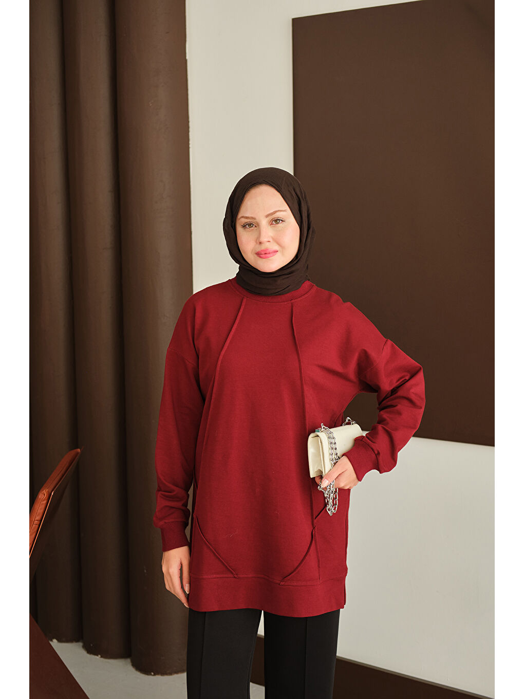 Kadın Önü Dikiş Detay Tunik Bordo-2