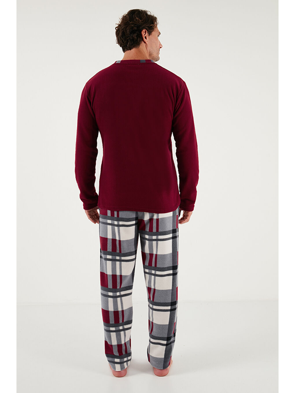 Bordo Ekoseli Regular Fit Düğmeli Bisiklet Yaka Kışlık Polar Erkek Pijama Takımı 60961008-6