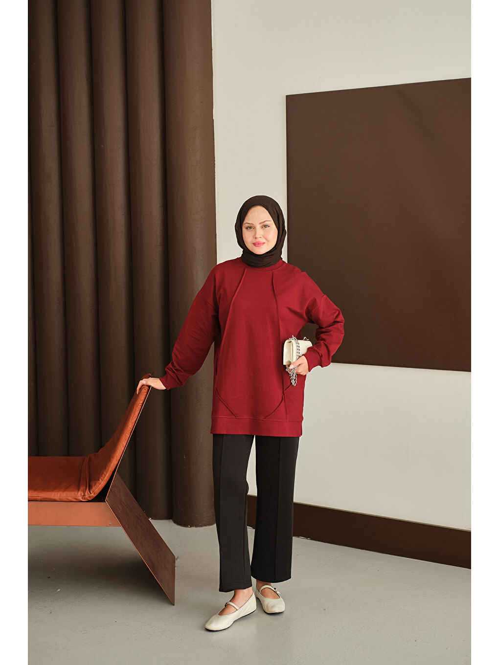 Kadın Önü Dikiş Detay Tunik Bordo-3