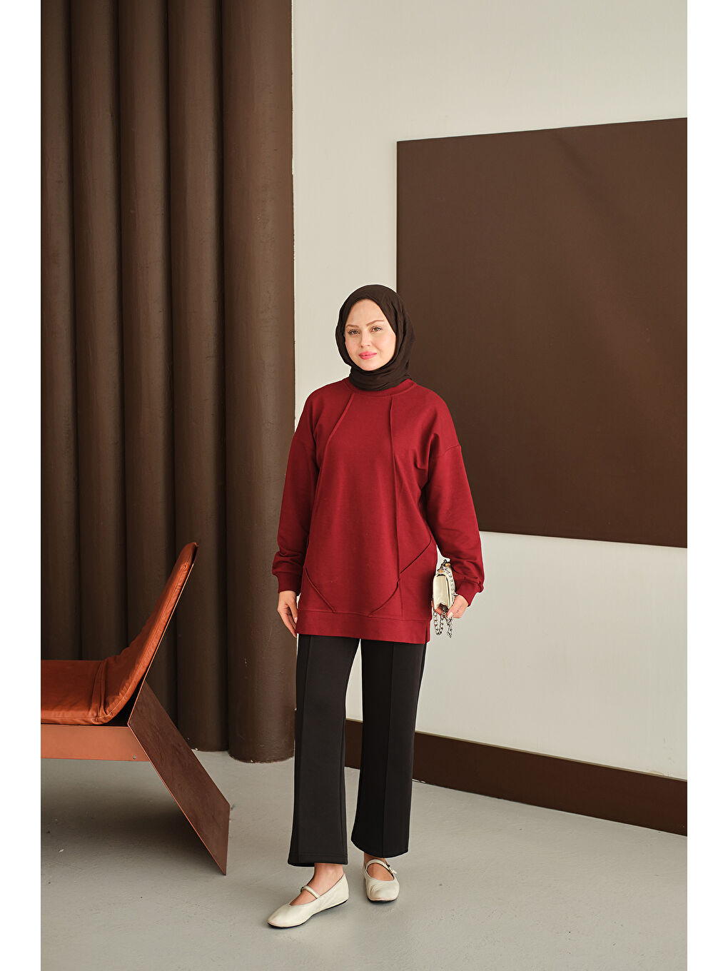 Kadın Önü Dikiş Detay Tunik Bordo-4