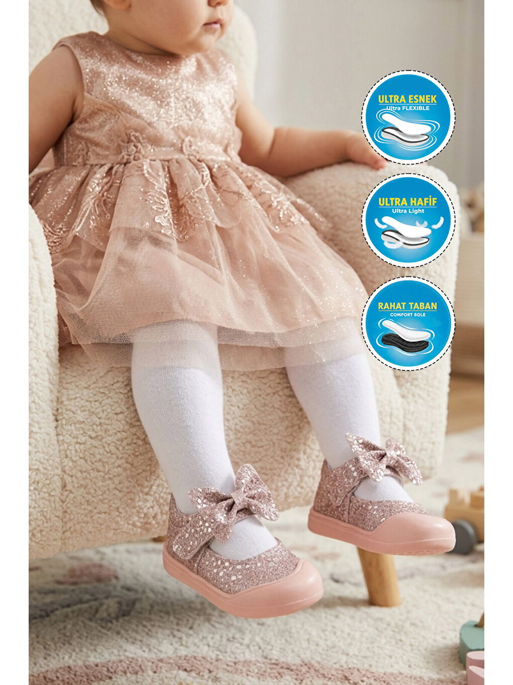 Pembe Pudra Cırtlı Hafif Fiyonk Detaylı Anatomik Bebek Ayakkabı Darla İA-2
