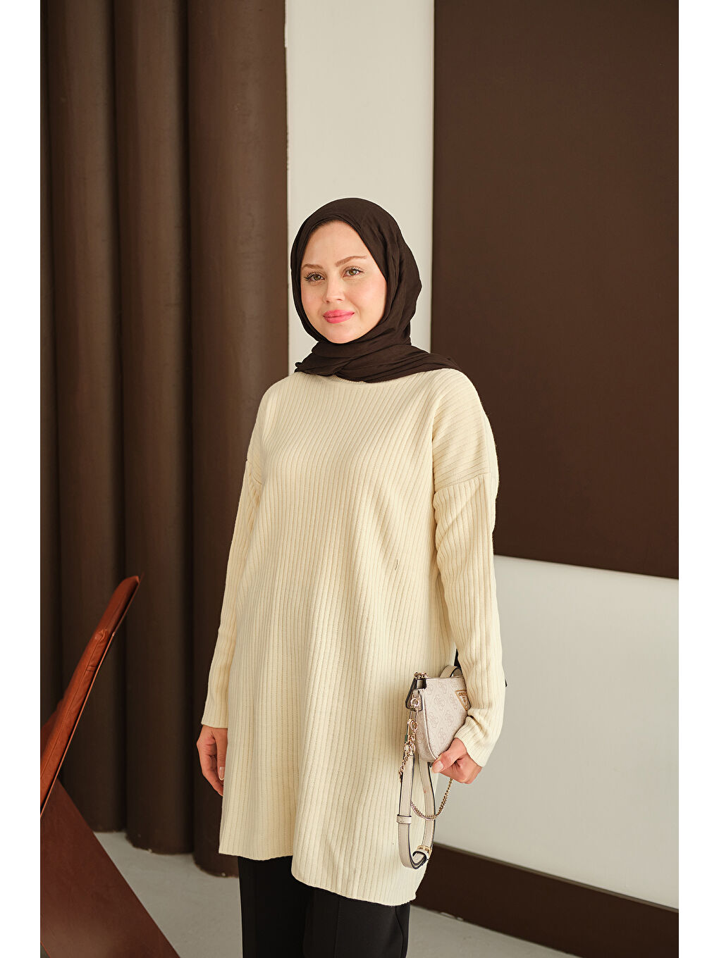 Ekru Kadın Kendinden Desenli Triko Tunik Krem-1