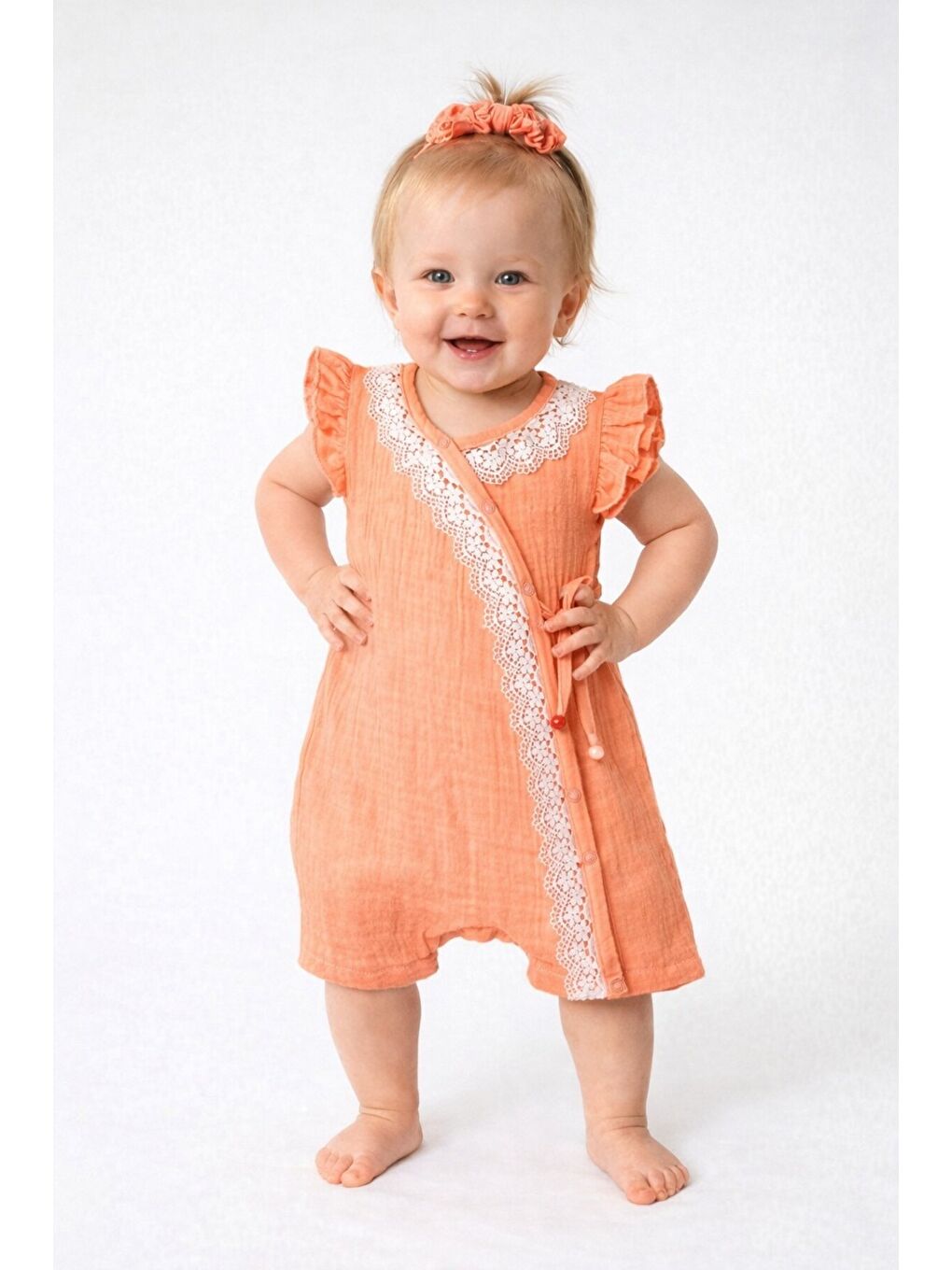 Pembe Kız Bebek Müslin Tulum Elbise Dantel Detaylı Yazlık Pamuk Bebek Tulum-1