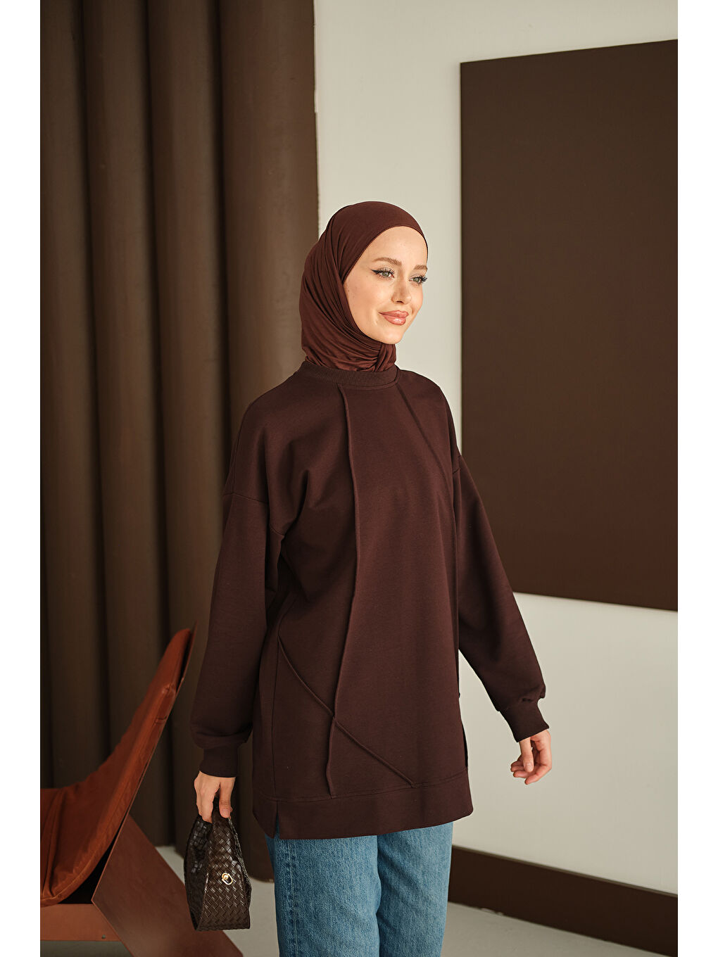 Kadın Önü Dikiş Detay Tunik Kahverengi-1