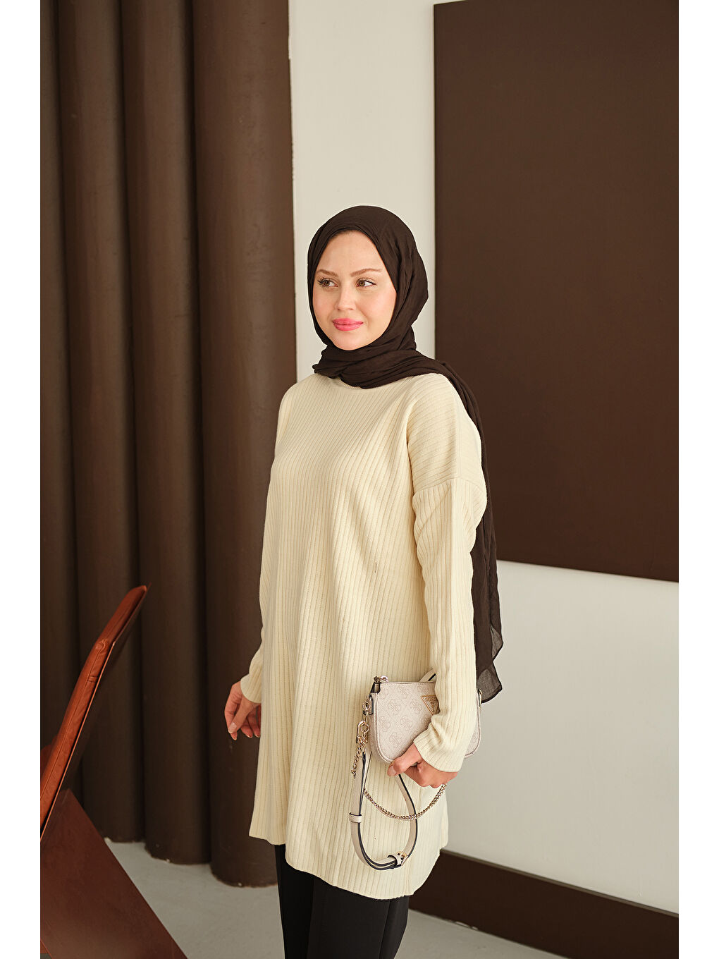 Ekru Kadın Kendinden Desenli Triko Tunik Krem-3