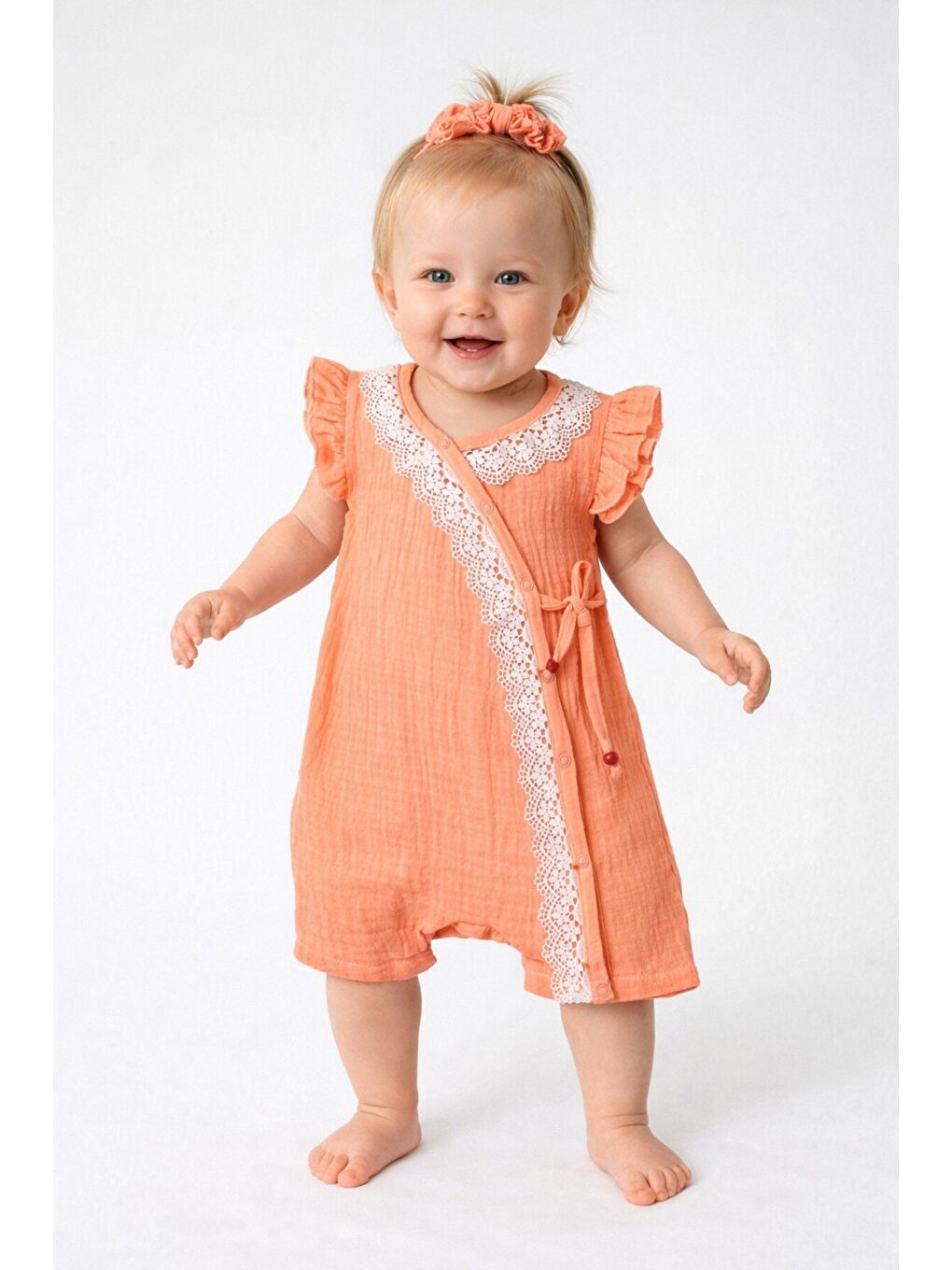Pembe Kız Bebek Müslin Tulum Elbise Dantel Detaylı Yazlık Pamuk Bebek Tulum-2